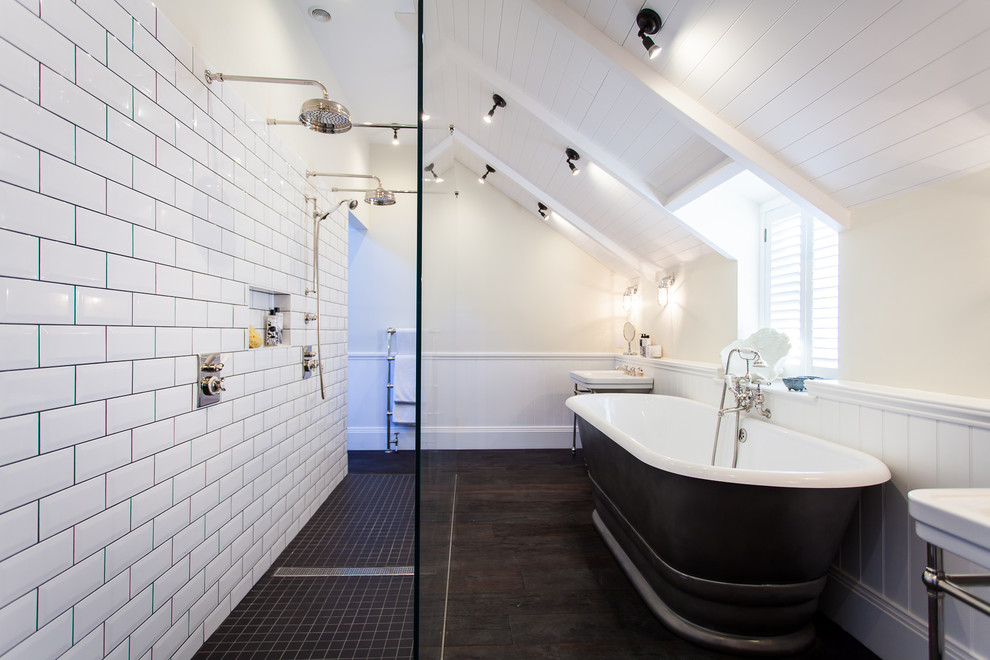 Large beach style master white tile and subway tile ceramic tile bathroom photo in Sussex with a console sink