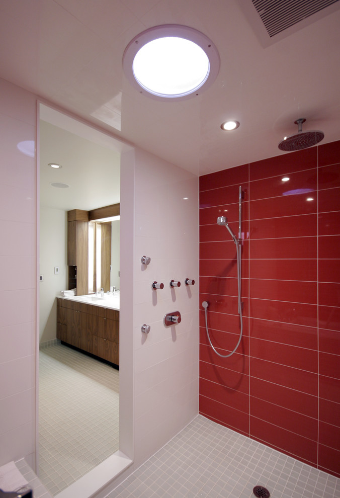トロントにある広いコンテンポラリースタイルのおしゃれなバスルーム (浴槽なし) (一体型シンク、フラットパネル扉のキャビネット、中間色木目調キャビネット、アルコーブ型シャワー、赤いタイル、セラミックタイル、白い壁、セラミックタイルの床) の写真