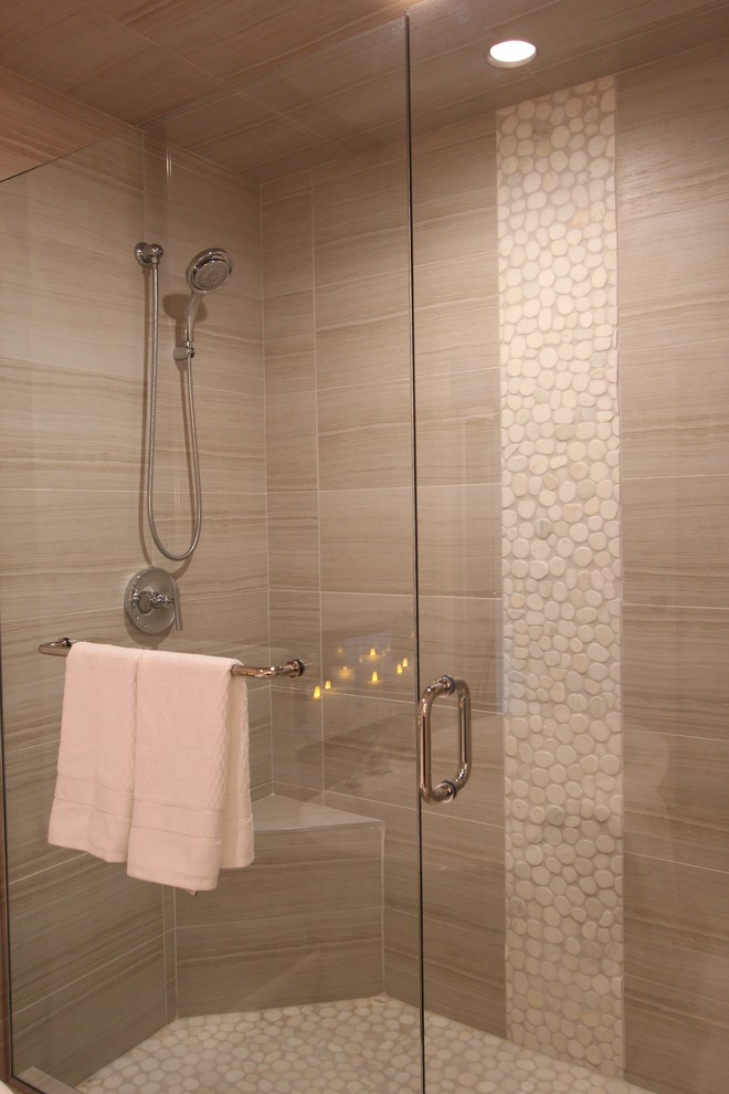 This is an example of a medium sized classic ensuite bathroom in Other with a submerged sink, raised-panel cabinets, dark wood cabinets, granite worktops, a freestanding bath, a walk-in shower, white tiles, mosaic tiles, white walls and ceramic flooring.