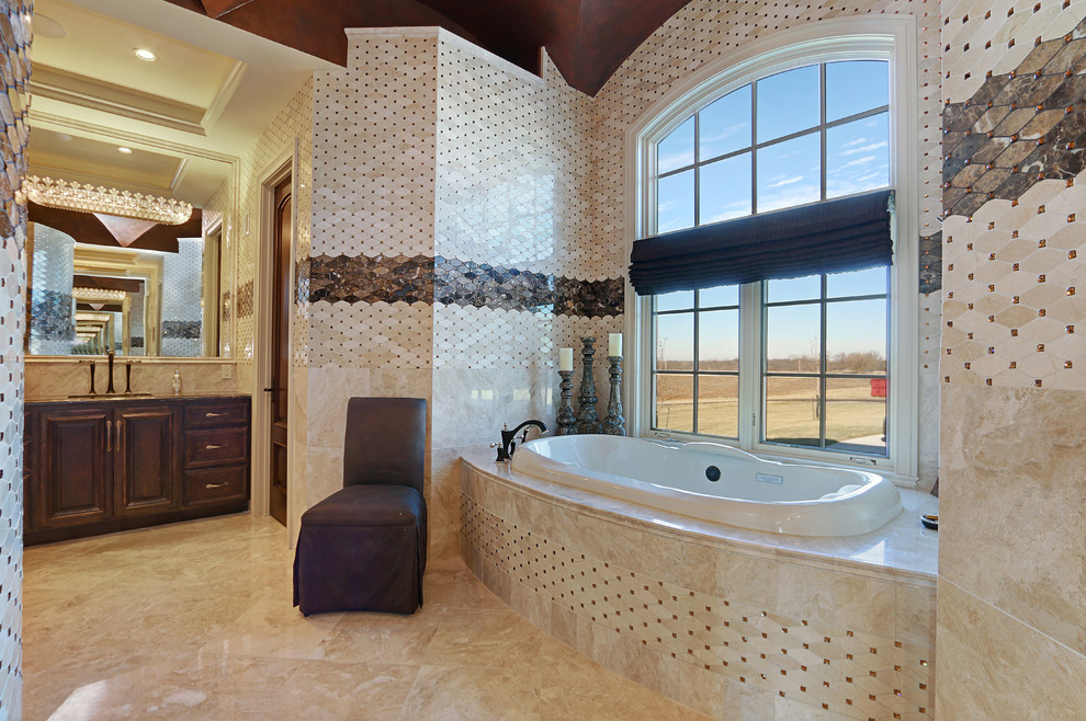 Inspiration for a large timeless master beige tile and porcelain tile linoleum floor alcove bathtub remodel in Kansas City with raised-panel cabinets, dark wood cabinets and granite countertops