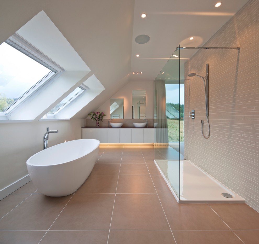 Inspiration for a large contemporary bathroom in Other with flat-panel cabinets, white cabinets, a freestanding bath, a walk-in shower, beige tiles, a vessel sink and an open shower.
