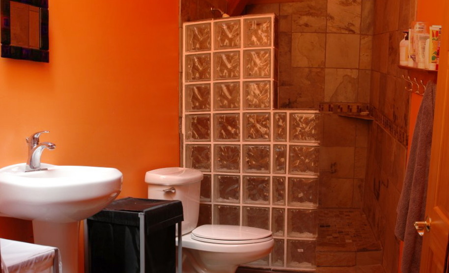 Modelo de cuarto de baño tradicional pequeño con lavabo con pedestal, ducha abierta, sanitario de dos piezas, baldosas y/o azulejos de cerámica, paredes rojas, aseo y ducha y ducha abierta