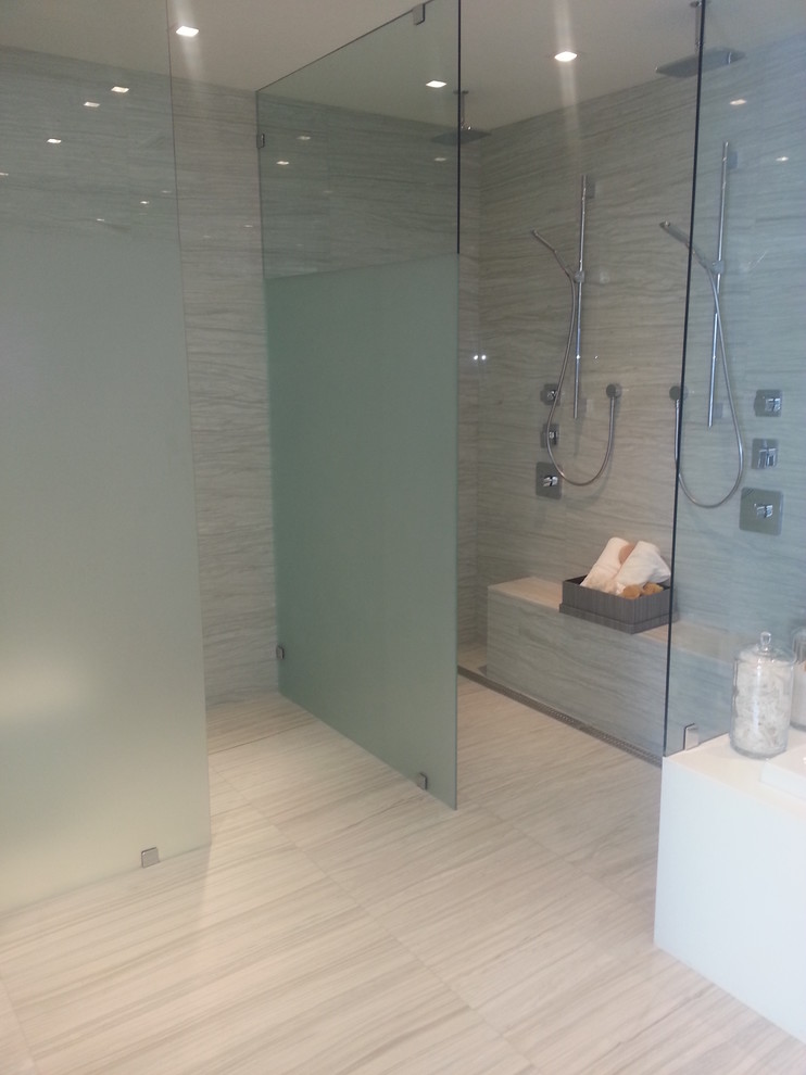 Example of a mid-sized minimalist master white tile and stone tile bathroom design in Miami with open cabinets, white cabinets and marble countertops