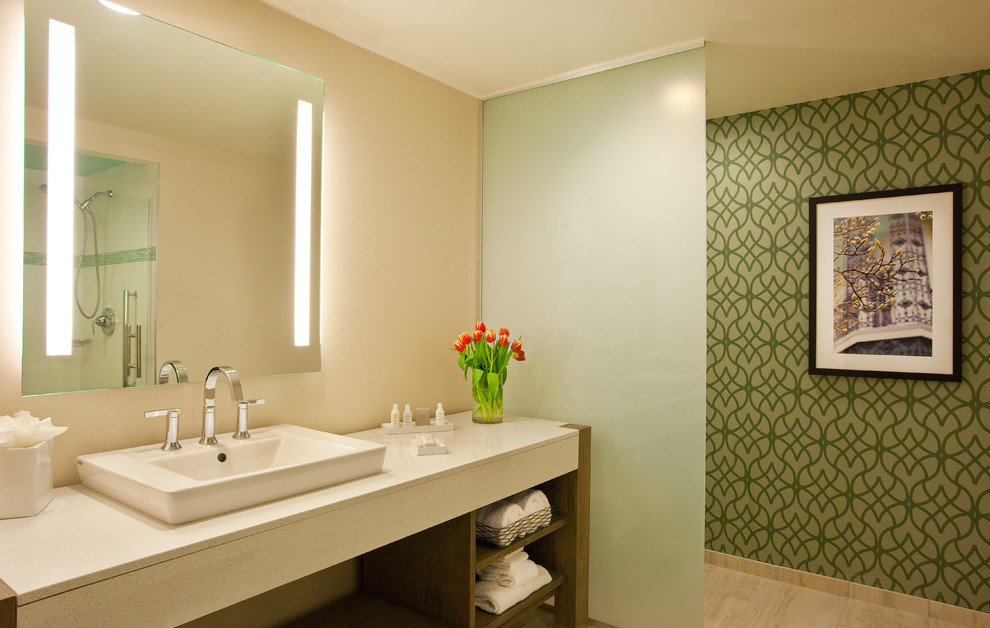 Mid-sized minimalist 3/4 bathroom photo in Dallas with beige walls, a vessel sink and quartzite countertops