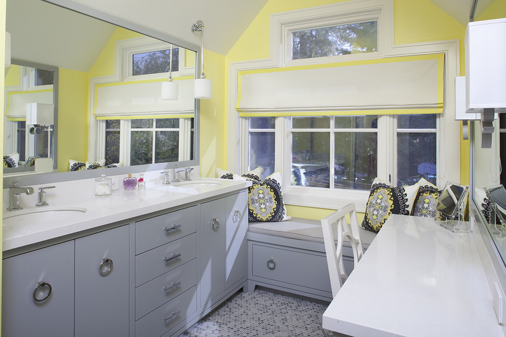 Inspiration for a contemporary purple floor bathroom remodel in San Francisco with marble countertops, an undermount sink, gray cabinets and yellow walls