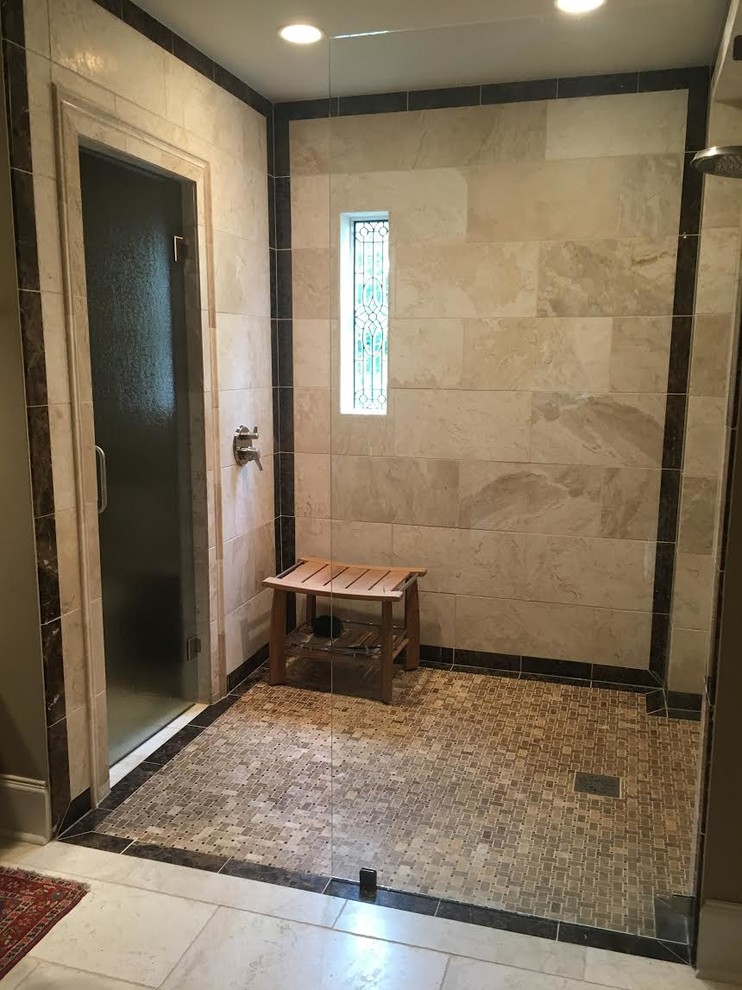 Alcove shower - large contemporary master beige tile and porcelain tile alcove shower idea in Atlanta with a hinged shower door