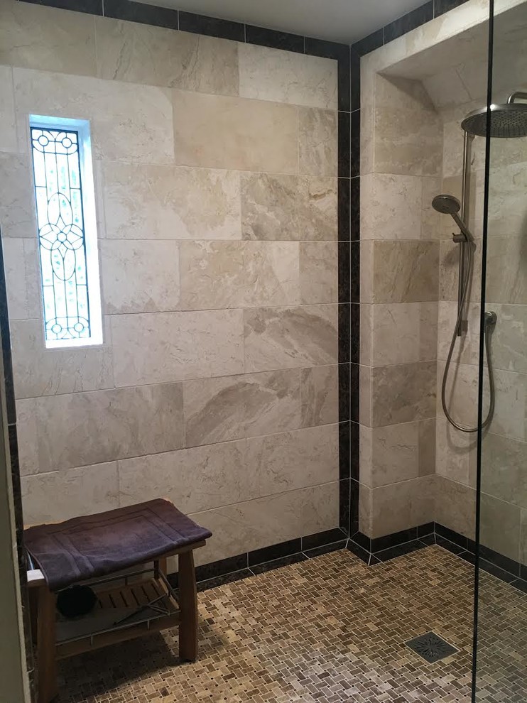 This is an example of a large contemporary ensuite bathroom in Atlanta with an alcove shower, beige tiles, porcelain tiles and a hinged door.