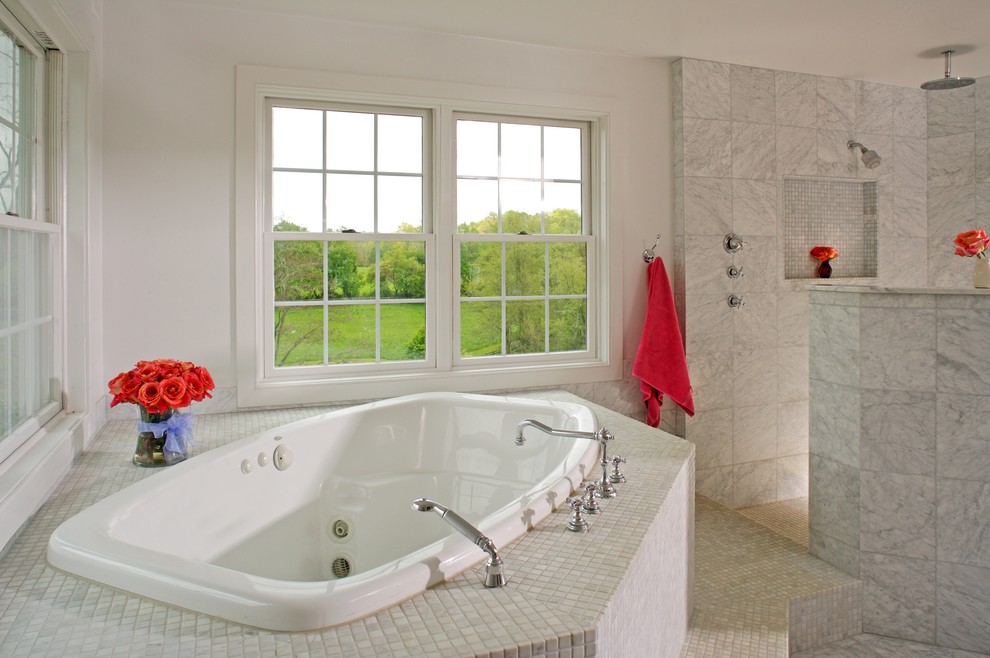 Large elegant master white tile and stone tile marble floor and gray floor bathroom photo in Baltimore with white walls