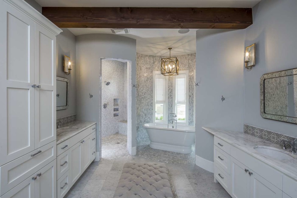 Design ideas for a large country ensuite bathroom in Austin with shaker cabinets, white cabinets, a freestanding bath, a walk-in shower, grey tiles, mosaic tiles, grey walls, marble flooring, a submerged sink, marble worktops, grey floors and an open shower.