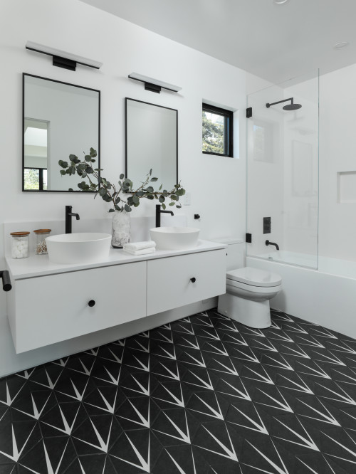 White Floating Vanity with Starburst Hexagon Floor Tiles