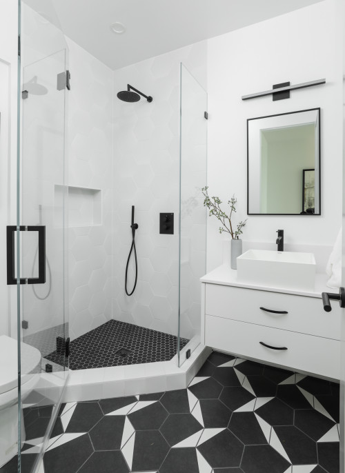 Transitional Bathroom with Black and White Hexagon Floor Tiles