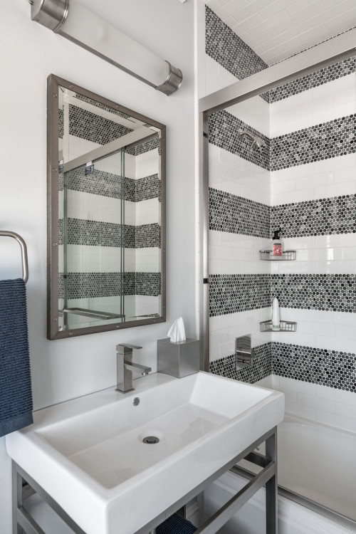 Transitional Chic: Gray Penny Tiles and White Subway Tiles in Your Gray White Bathroom