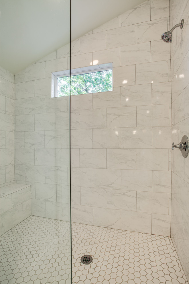 Design ideas for a medium sized traditional ensuite bathroom in Dallas with shaker cabinets, grey cabinets, a claw-foot bath, an alcove shower, a two-piece toilet, white tiles, ceramic tiles, white walls, ceramic flooring, a submerged sink and marble worktops.