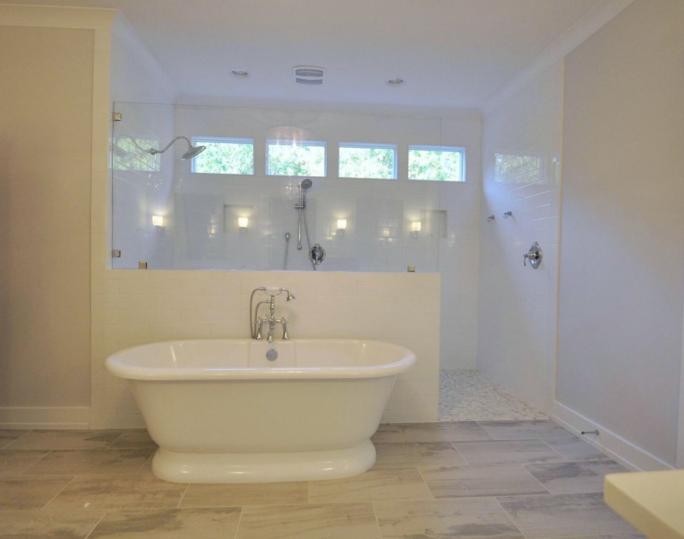 Example of a mid-sized classic master white tile and subway tile limestone floor and beige floor bathroom design in Richmond with white walls and quartz countertops