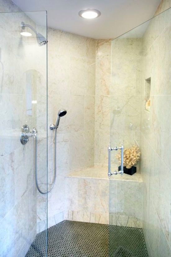 Inspiration for a large cottage master mosaic tile floor alcove shower remodel in Los Angeles with beige walls