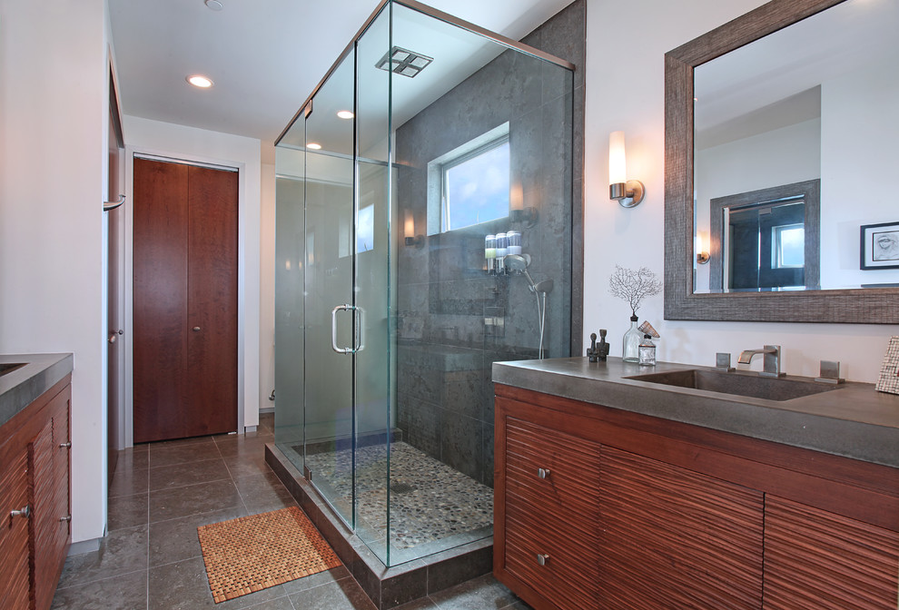 Idee per una stanza da bagno moderna con ante in legno scuro, top in cemento, piastrelle marroni, piastrelle in pietra, WC monopezzo e pareti bianche