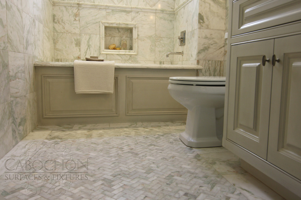 Inspiration for a small classic family bathroom in San Diego with shaker cabinets, grey cabinets, marble worktops, white tiles, ceramic tiles, a built-in bath, a shower/bath combination, a two-piece toilet, a submerged sink, white walls and marble flooring.