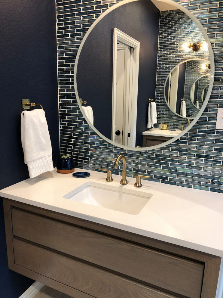 Design ideas for a medium sized contemporary ensuite bathroom in Dallas with distressed cabinets, a built-in shower, blue tiles, glass tiles, blue walls, porcelain flooring, grey floors, an open shower and white worktops.