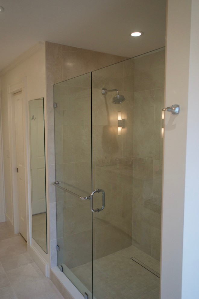 Mid-sized transitional master beige tile and porcelain tile porcelain tile alcove shower photo in Boston with flat-panel cabinets, white cabinets, beige walls, an undermount sink and granite countertops