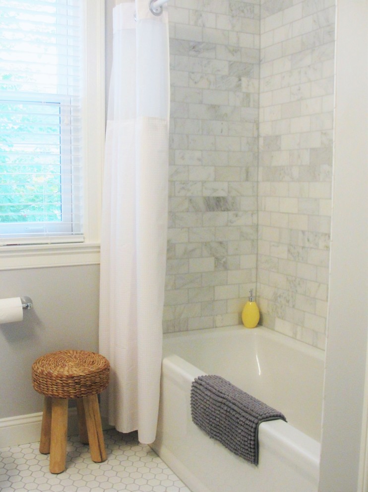 Medium sized traditional shower room bathroom in Boston with an alcove bath, a two-piece toilet, grey tiles, white tiles, metro tiles, grey walls and mosaic tile flooring.