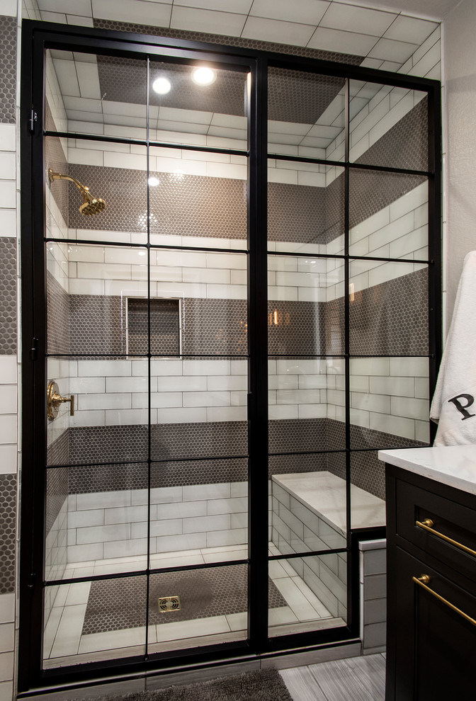 Medium sized traditional family bathroom in Dallas with recessed-panel cabinets, grey cabinets, an alcove shower, a two-piece toilet, multi-coloured tiles, ceramic tiles, grey walls, porcelain flooring, a submerged sink, marble worktops, white floors, a hinged door and white worktops.