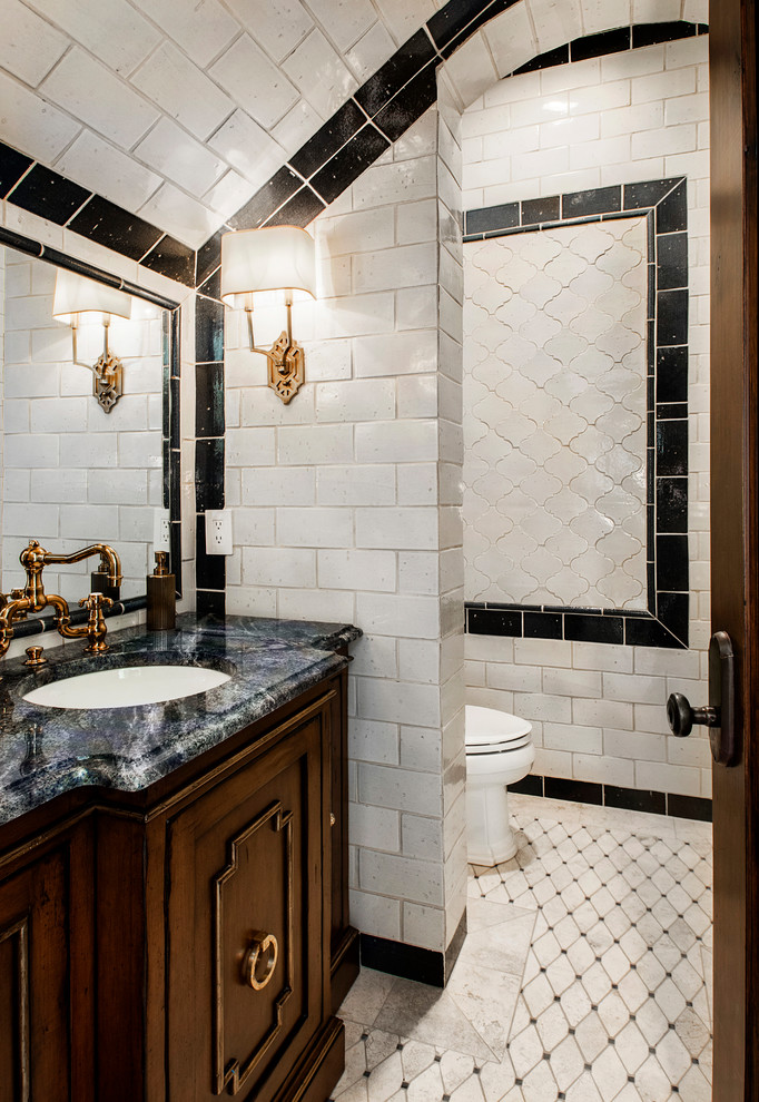 Small classic shower room bathroom in Dallas with recessed-panel cabinets, medium wood cabinets, a two-piece toilet, multi-coloured tiles, marble tiles, multi-coloured walls, marble flooring, a submerged sink, marble worktops, multi-coloured floors and multi-coloured worktops.