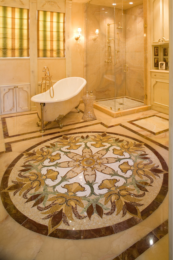 Modern bathroom in Los Angeles with mosaic tile flooring.
