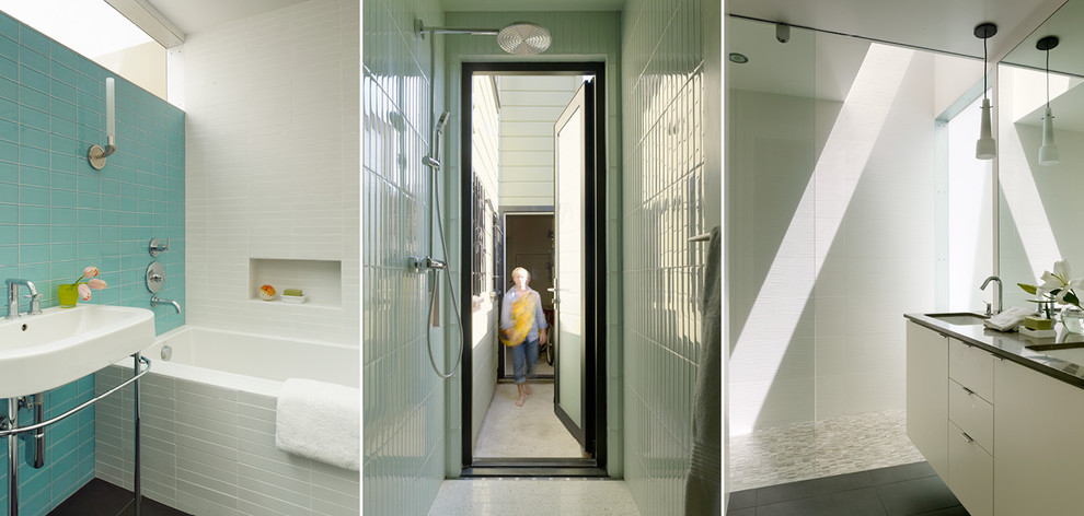 Großes Modernes Badezimmer En Suite mit flächenbündigen Schrankfronten, weißen Schränken, Duschnische, Wandtoilette mit Spülkasten, Mosaikfliesen, weißer Wandfarbe, Unterbauwaschbecken und Quarzit-Waschtisch in San Francisco