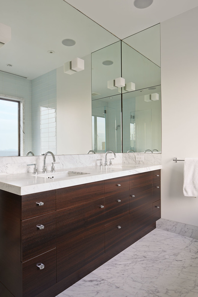 Réalisation d'une salle de bain design en bois foncé avec un lavabo encastré, un placard à porte plane et un mur blanc.