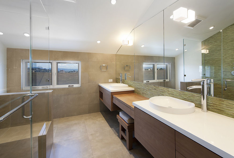 Inspiration for a mid-sized contemporary master green tile and mosaic tile bathroom remodel in San Francisco with flat-panel cabinets, medium tone wood cabinets and quartz countertops