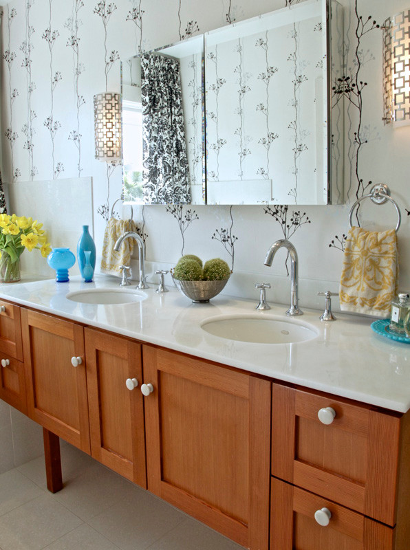 Trendy bathroom photo in San Francisco with recessed-panel cabinets and light wood cabinets