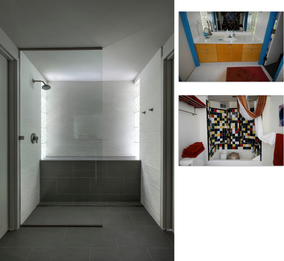 Idéer för ett litet modernt badrum, med ett badkar i en alkov, en kantlös dusch, vit kakel, klinkergolv i keramik, keramikplattor och vita väggar