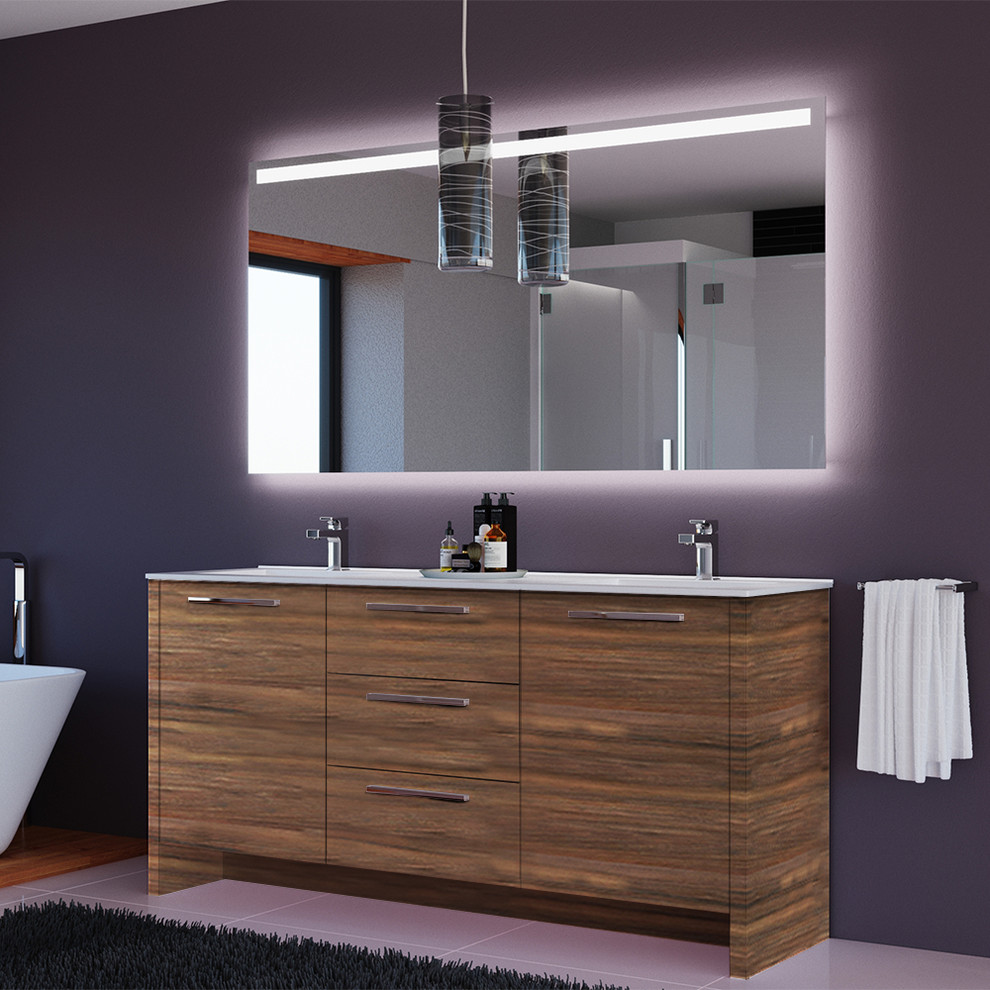 Design ideas for a small modern bathroom in New York with freestanding cabinets, brown cabinets, a built-in sink, solid surface worktops and white worktops.