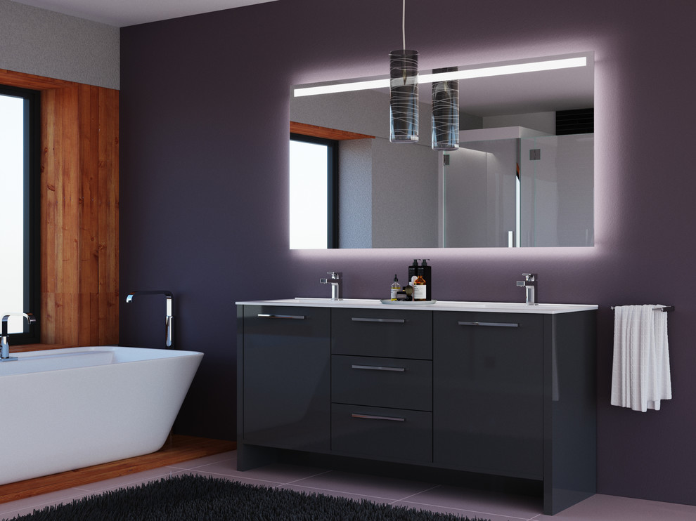 Inspiration for a small modern bathroom in New York with freestanding cabinets, grey cabinets, a built-in sink, solid surface worktops and white worktops.