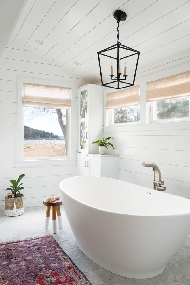 Freestanding bathtub - mid-sized cottage master mosaic tile floor and white floor freestanding bathtub idea in Other with shaker cabinets, white cabinets and white walls