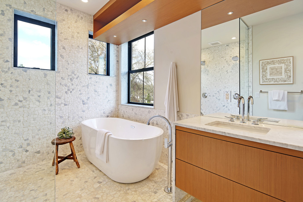 Photo of a medium sized scandi ensuite wet room bathroom in Seattle with flat-panel cabinets, brown cabinets, a one-piece toilet, multi-coloured tiles, white walls, a built-in sink, multi-coloured floors, white worktops, a single sink and a floating vanity unit.