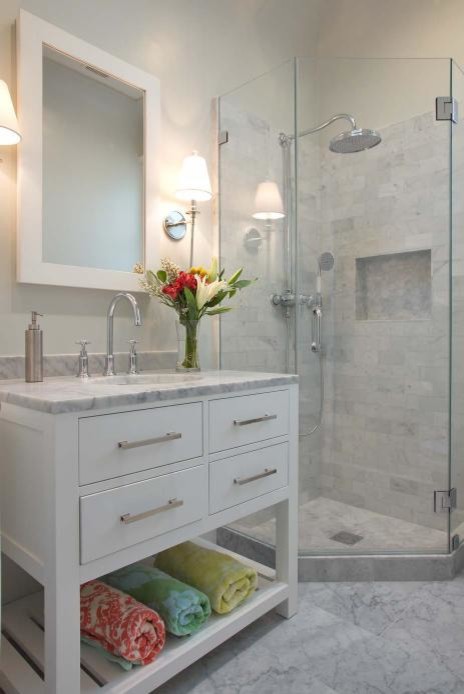Inspiration for a mid-sized transitional 3/4 gray tile and stone tile marble floor corner shower remodel in San Francisco with furniture-like cabinets, white cabinets, a one-piece toilet, white walls, an undermount sink and marble countertops