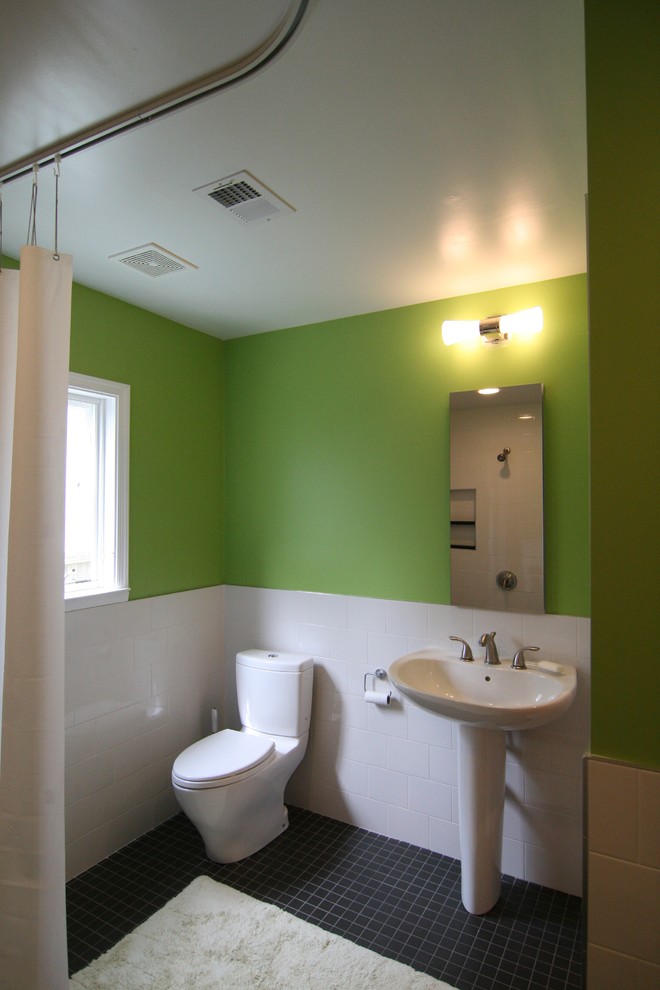 Small retro shower room bathroom in DC Metro with a pedestal sink, a walk-in shower, a two-piece toilet, white tiles, ceramic tiles, green walls and ceramic flooring.
