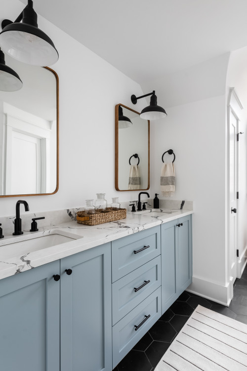 Bathroom - large cottage kids' white tile and porcelain tile slate floor, black floor and double-sink bathroom idea in Chicago with blue cabinets, white walls, an undermount sink, quartz countertops, white countertops, a built-in vanity and shaker cabinets -