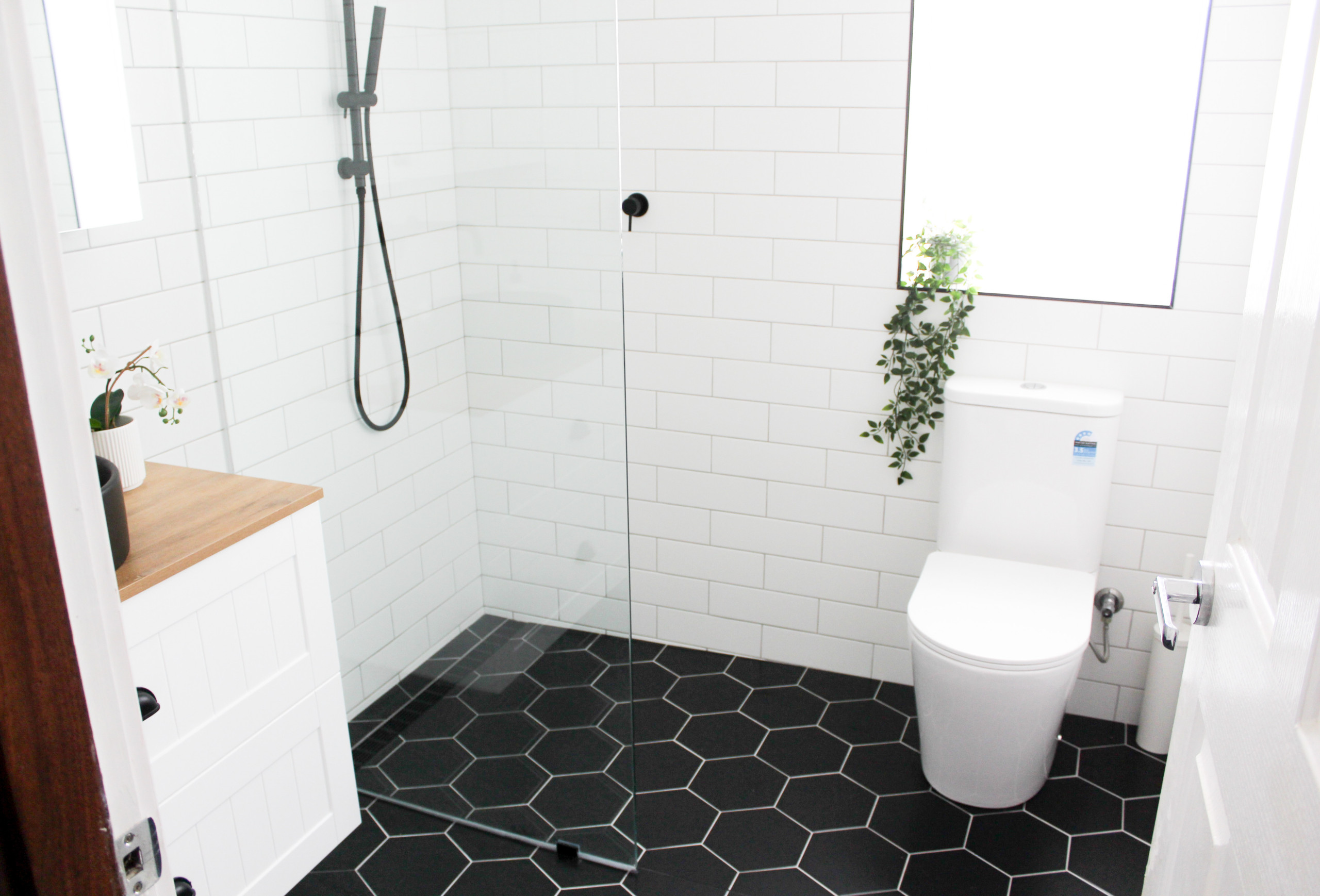 black hexagon floor tile bathroom ideas