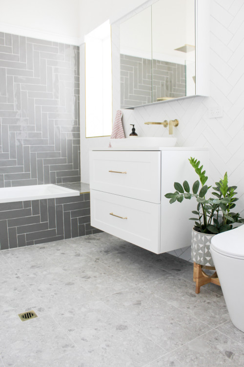 Gray Herringbone Elegance with White Grout for Shower Tile Ideas