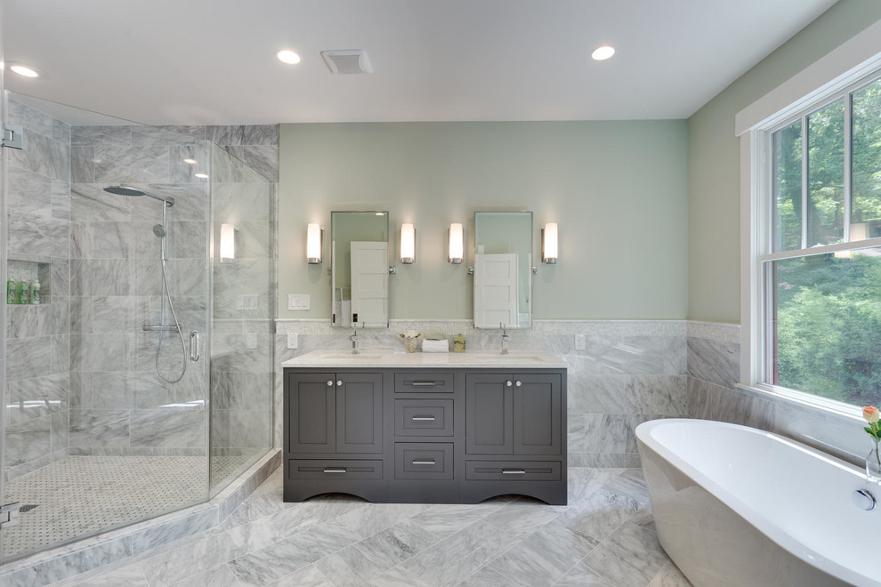 Example of a large trendy master white tile and stone tile marble floor bathroom design in DC Metro with green walls, an undermount sink, furniture-like cabinets, gray cabinets and marble countertops