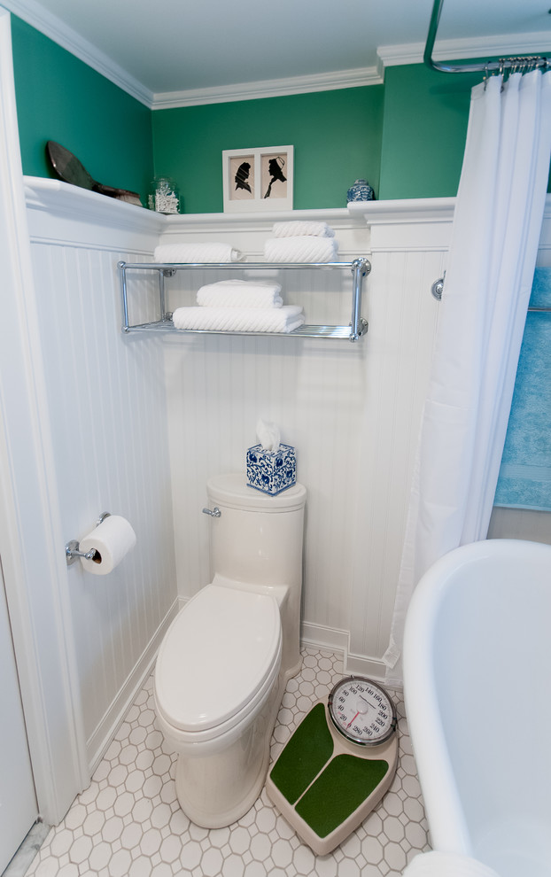 Inspiration for a mid-sized timeless master white tile and ceramic tile ceramic tile tub/shower combo remodel in Providence with a two-piece toilet and green walls