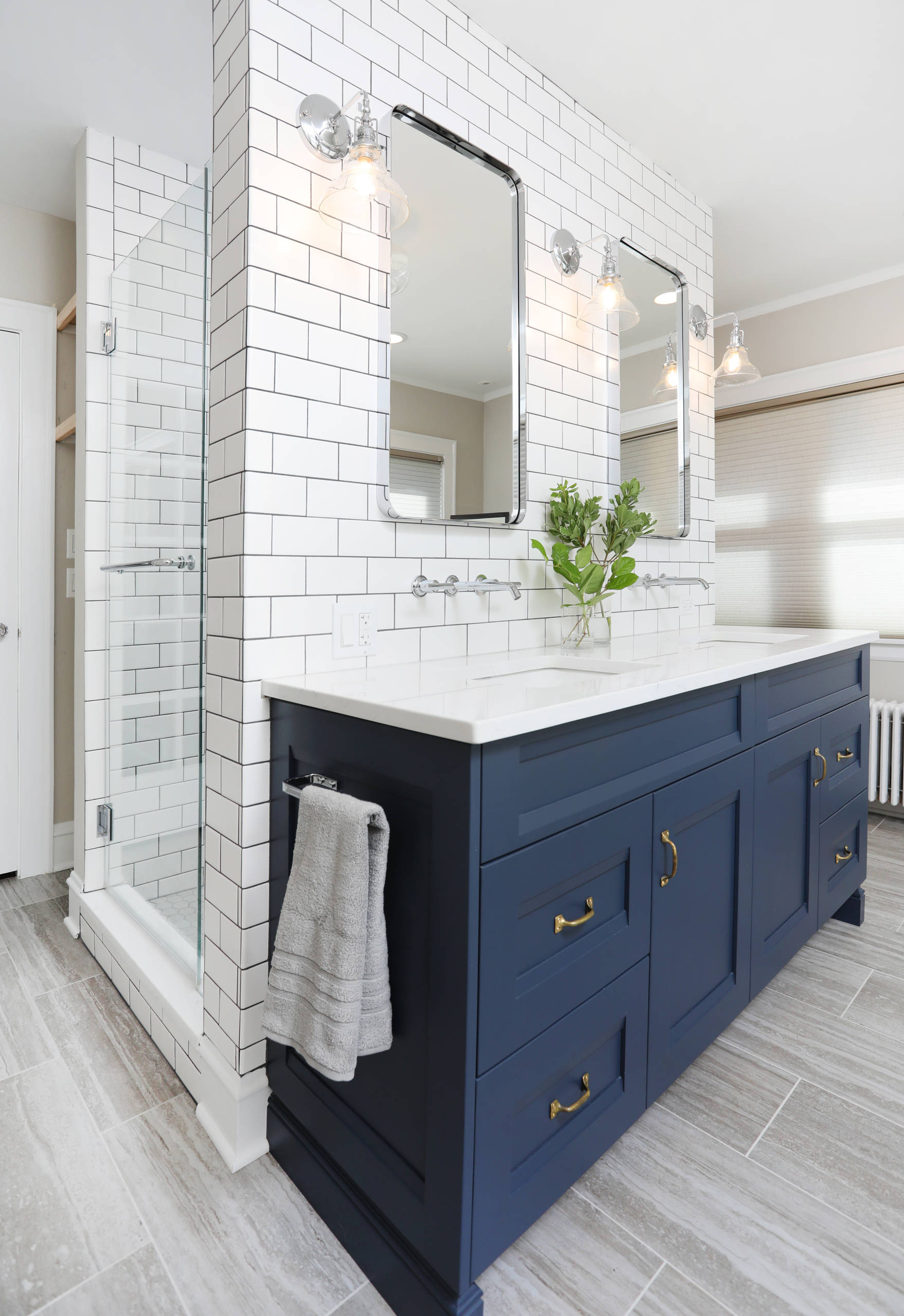 Custom Navy Blue bathroom Vanity with Brass Hardware