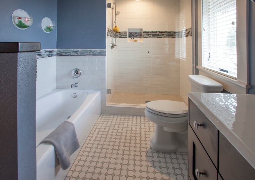 Bathroom - small craftsman kids' white tile and ceramic tile mosaic tile floor bathroom idea in Seattle with an integrated sink, shaker cabinets, dark wood cabinets, a two-piece toilet and blue walls