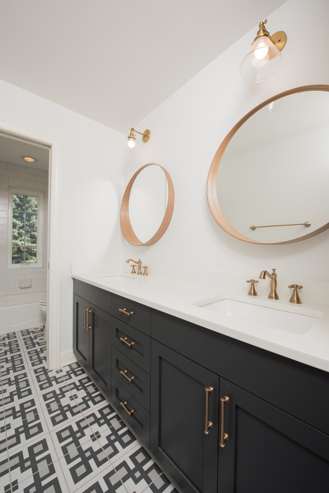 Large tuscan master white tile multicolored floor bathroom photo in Chicago with shaker cabinets, black cabinets, a one-piece toilet, white walls and an undermount sink