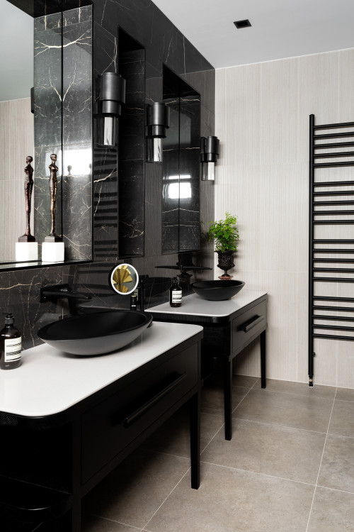 Black and White Bathroom Design with Gray Floor Tiles