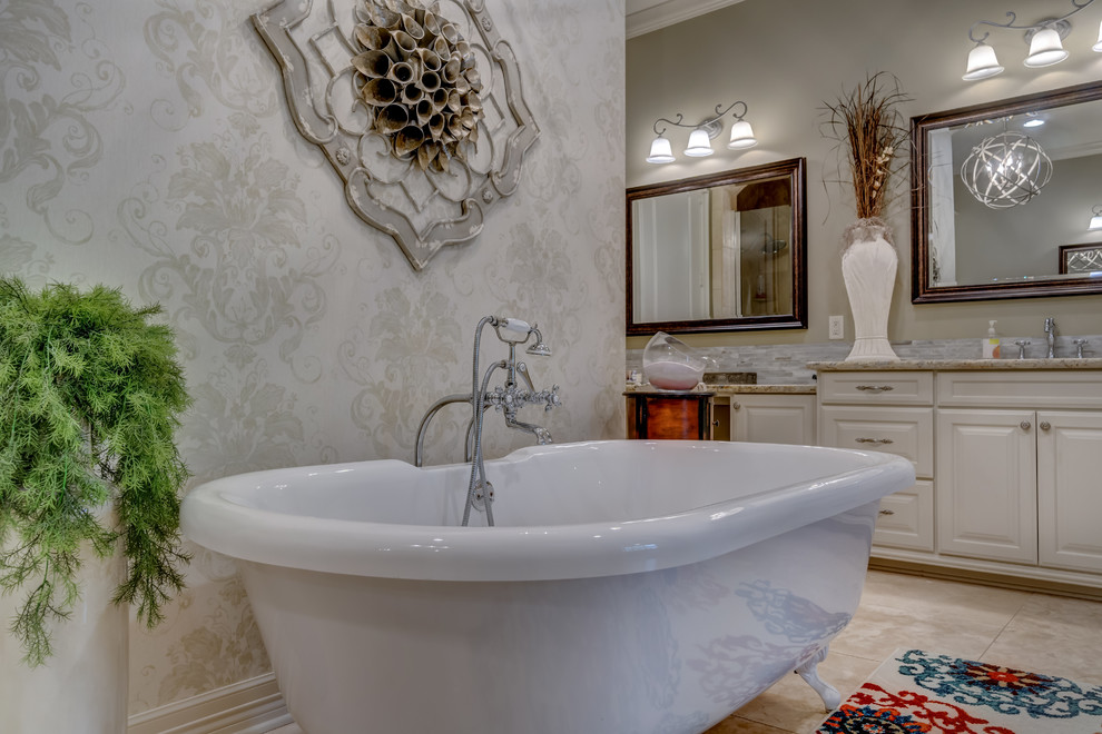 Design ideas for a medium sized classic ensuite bathroom in Other with raised-panel cabinets, white cabinets, a claw-foot bath, a built-in shower, a two-piece toilet, beige walls, travertine flooring, a submerged sink, granite worktops, beige floors and an open shower.