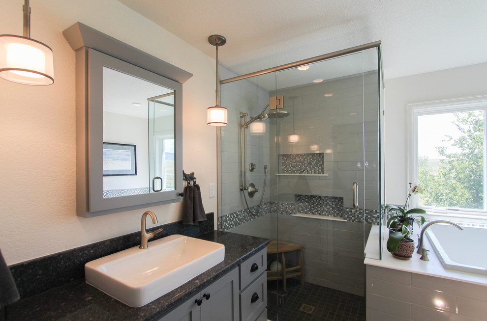 Rural bathroom in Denver with a vessel sink, shaker cabinets, grey cabinets, engineered stone worktops, a built-in bath, a corner shower, blue tiles, ceramic tiles, white walls and porcelain flooring.