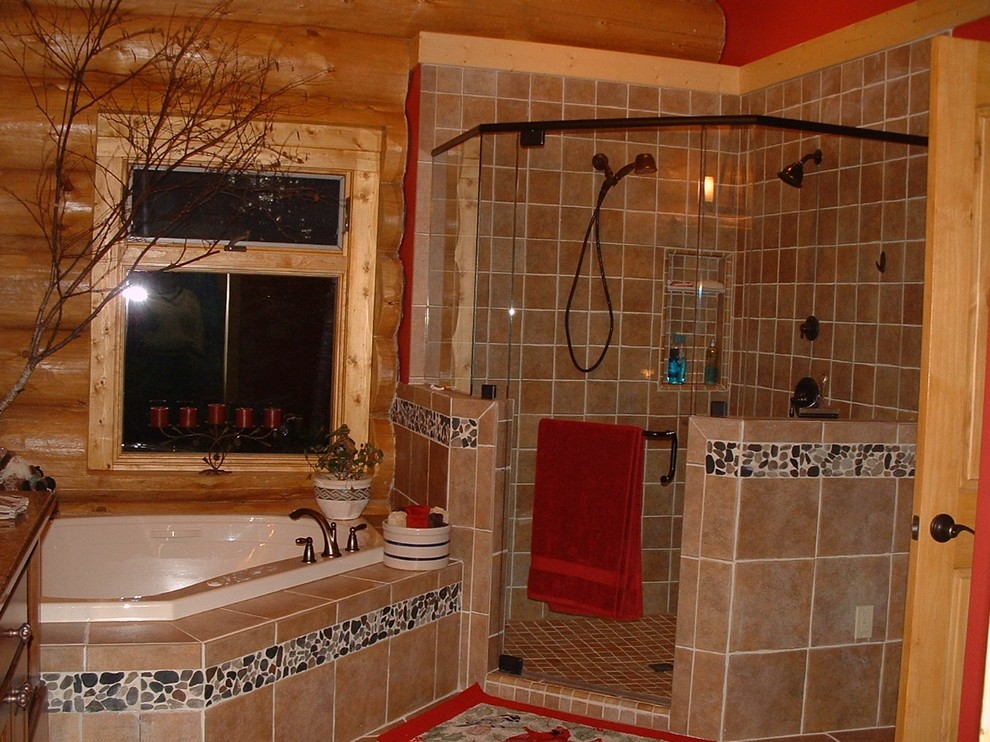 Идея дизайна: ванная комната в стиле рустика с фасадами с выступающей филенкой, фасадами цвета дерева среднего тона, столешницей из искусственного кварца, угловой ванной, угловым душем и керамогранитной плиткой